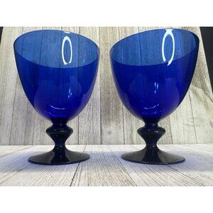 Vtg Bristol Style Cobalt Blue Wine Goblets Glasses Stemmed  5 1/4" Tall Set of 2